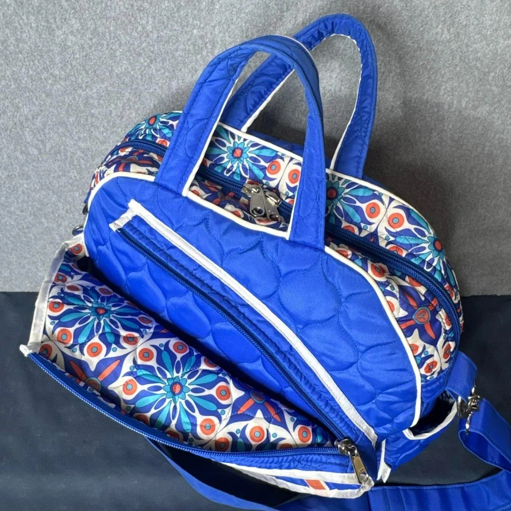 Cinda B Bag Quilted Hobo Tennis Tote Blue Floral Quilted Shoulder Strap Full Zip